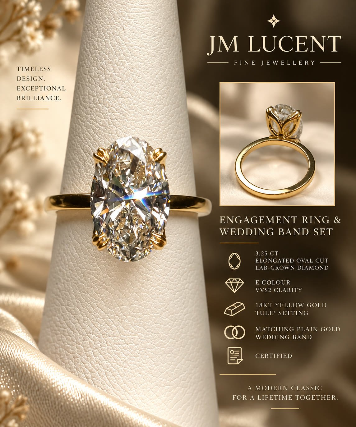 JM LUCENT editorial image of the 3.25 ct elongated oval lab-grown diamond engagement ring and matching wedding band.