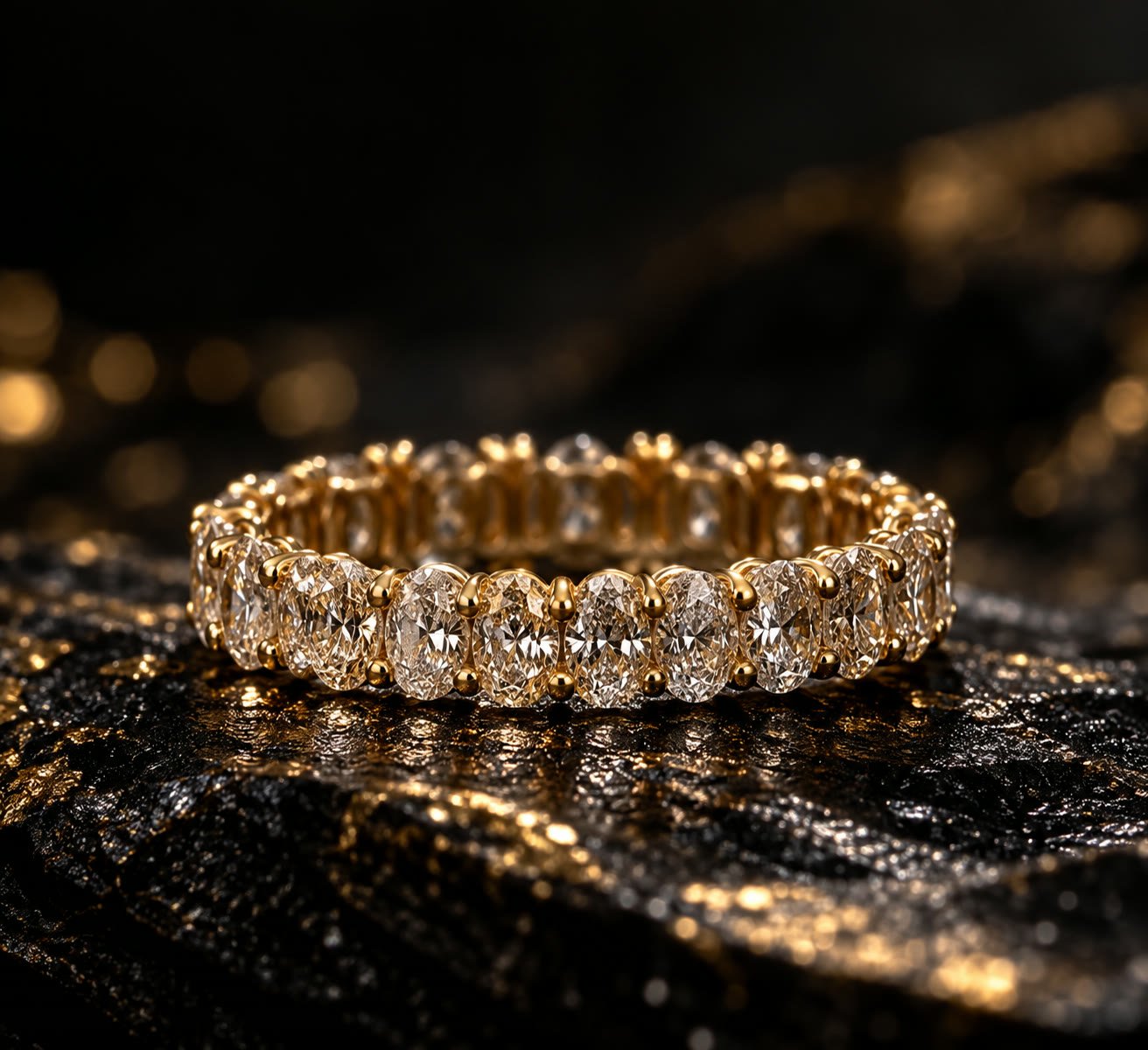 Full eternity band featuring 23 oval-cut lab-grown diamonds set in 18K yellow gold, JM LUCENT.